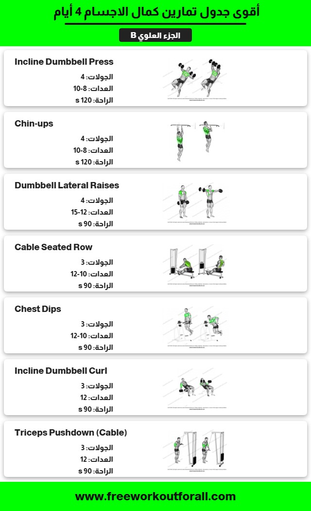 جدول تمارين كمال الاجسام 4 أيام 4