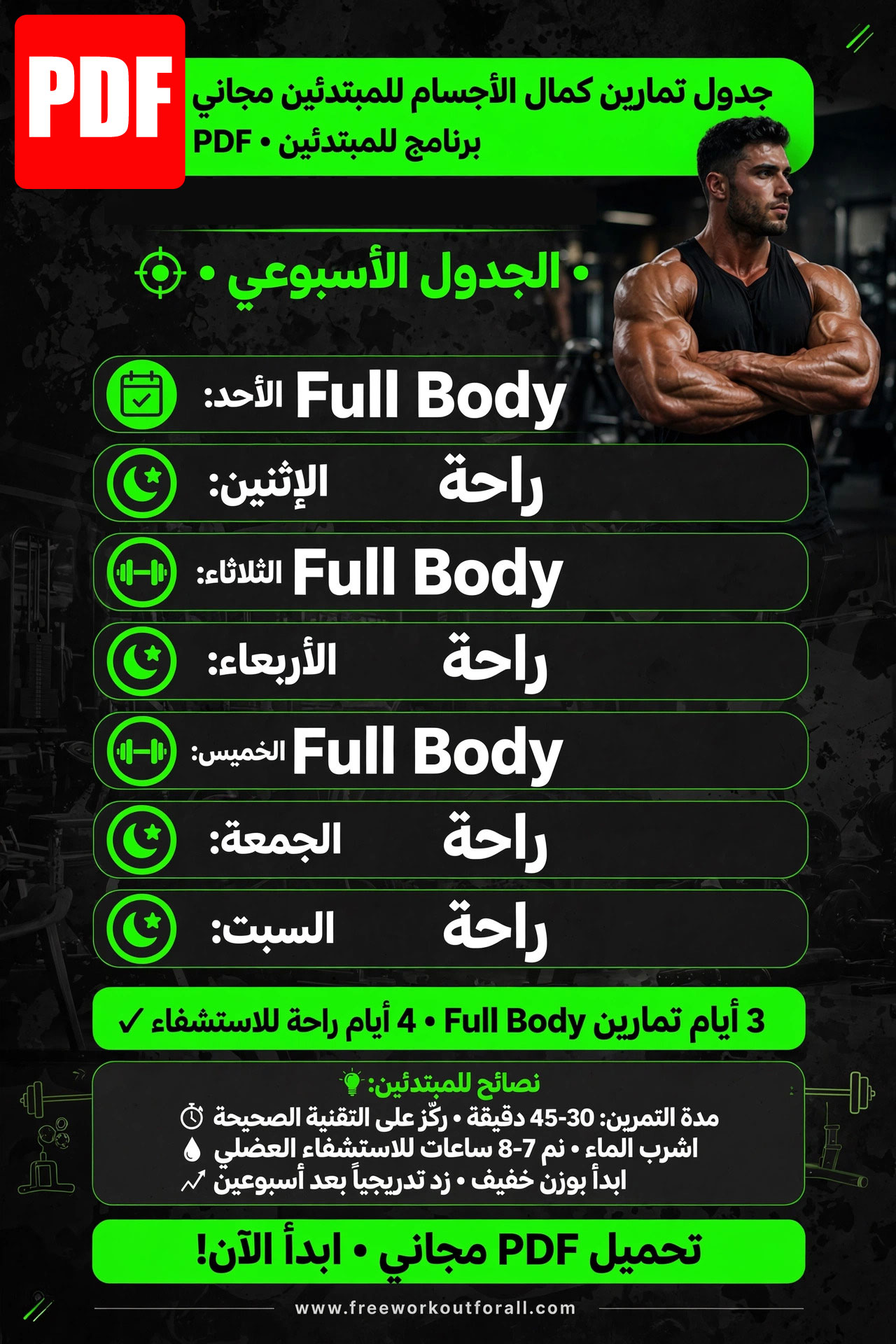 جدول تمارين كمال الاجسام للمبتدئين pdf مجاني