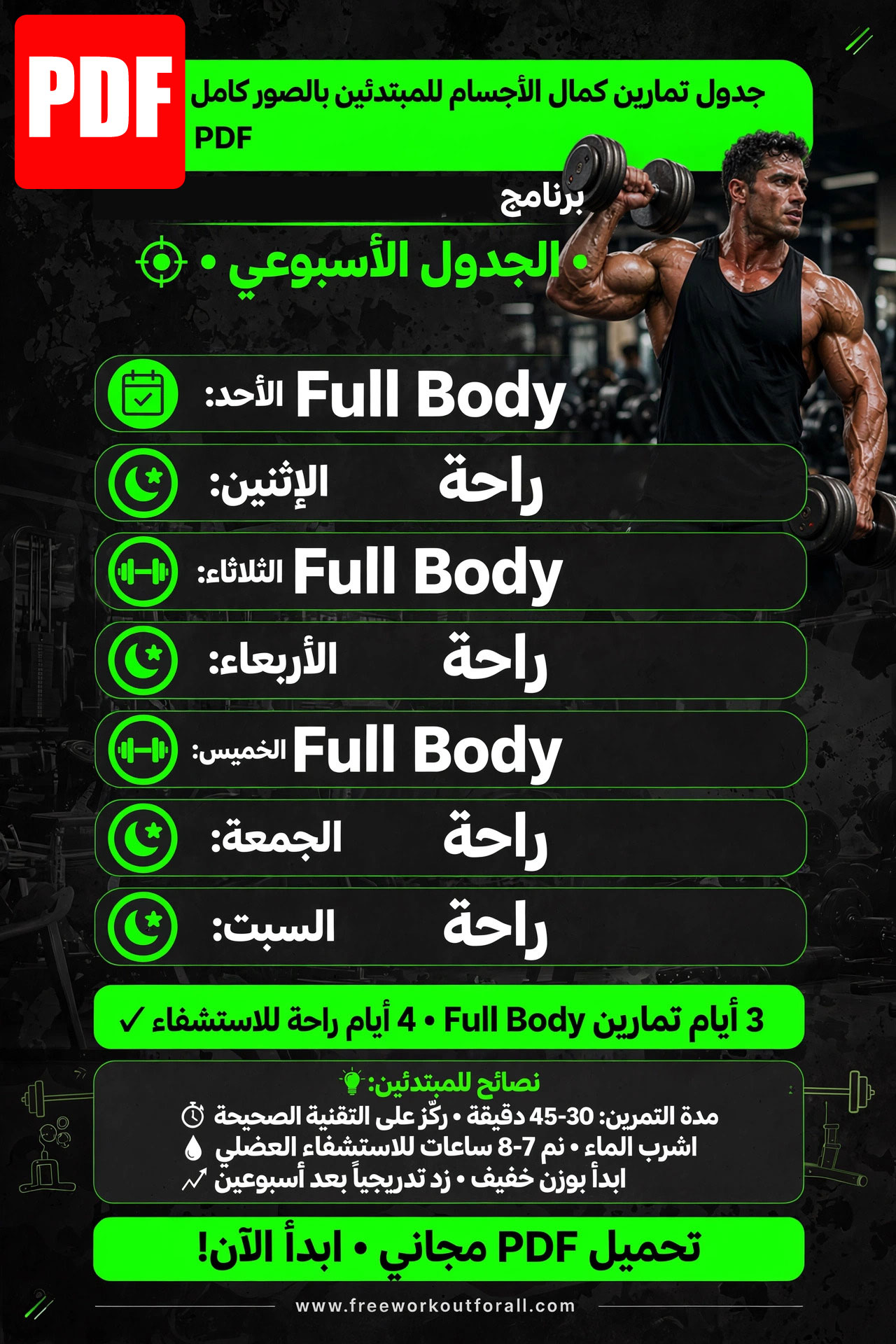 جدول تمارين كمال الاجسام للمبتدئين بالصور كامل pdf